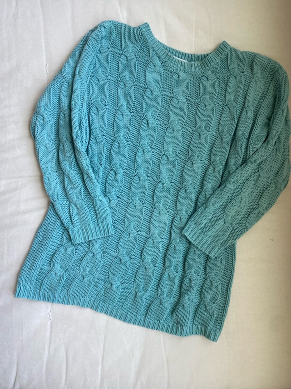 Vintage Cable-Knit Crew Sweater - Aqua Blue